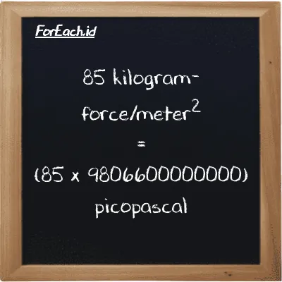 Cara konversi kilogram-force/meter<sup>2</sup> ke pikopaskal (kgf/m<sup>2</sup> ke pPa): 85 kilogram-force/meter<sup>2</sup> (kgf/m<sup>2</sup>) setara dengan 85 dikalikan dengan 9806600000000 pikopaskal (pPa)